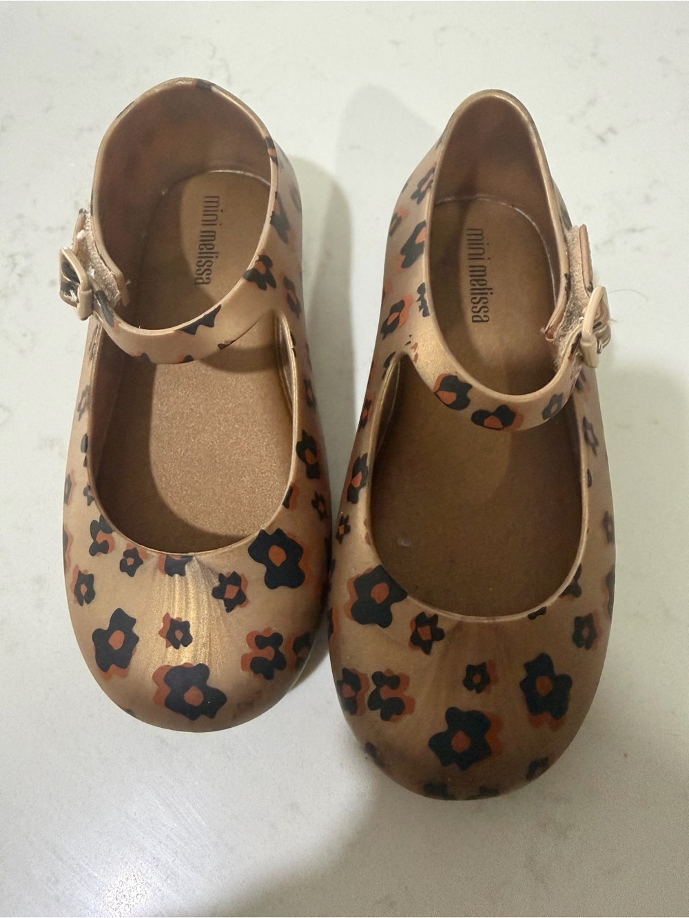 Mini Melissa Metallic Rose Gold Floral Strap Mary Janes